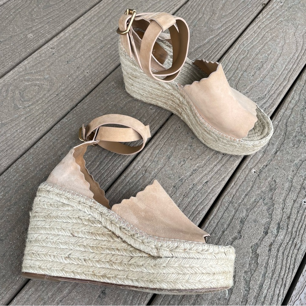 Chloe Beige Tan Suede Espadrille Wedge Sandals